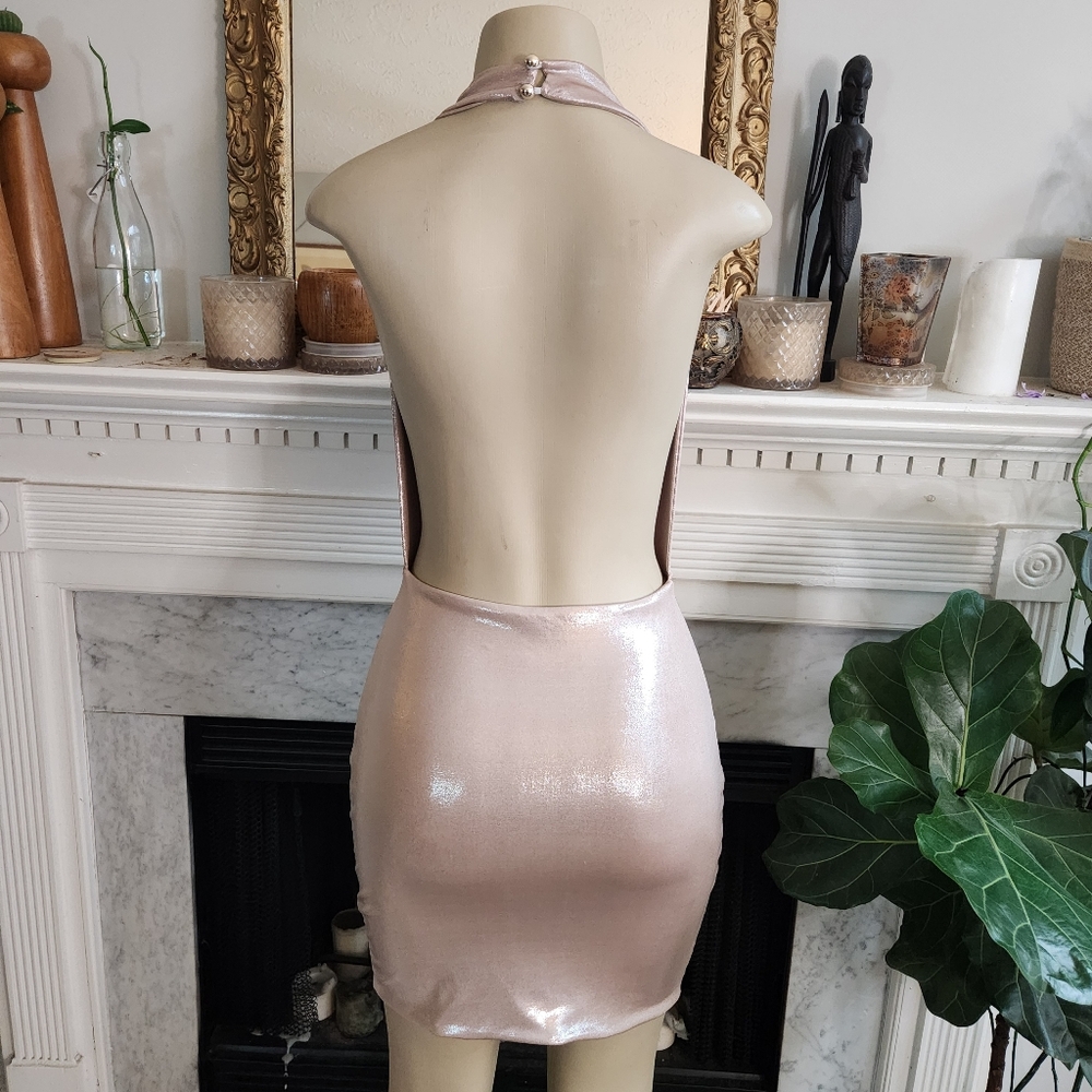 Club L London Gold Mini Halter Dress Size 6 Stretch Metallic Backless Glamoratti - Picture 7 of 15